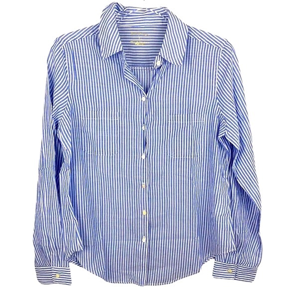 LILLY PULITZER Sea View Button Down Top Coastal Blue Lightweight Oxford Stripe - Picture 6 of 9